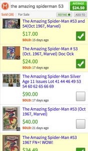Comic book value after using checkboxes to pick comps