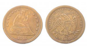Front and back of an 1876 Carson City Seated Liberty Quarter