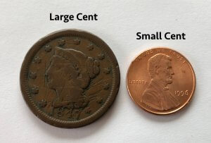 Size difference between pennies, large cent and small cent