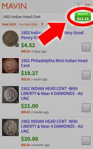 Using Mavin to look up the value of a 1902 Indian Head penny